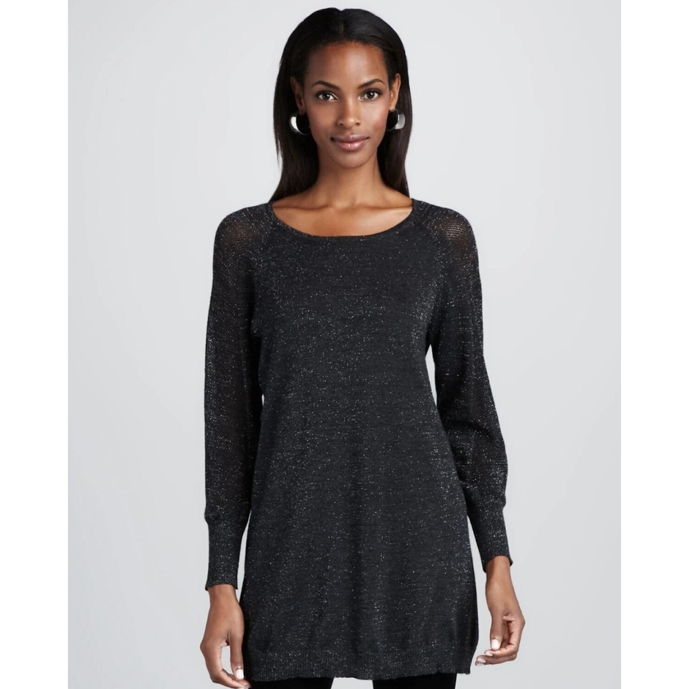 Eileen Fisher Sweater Tunic Womens Smal Charcoal Jewel Neck Merino Wool Metallic